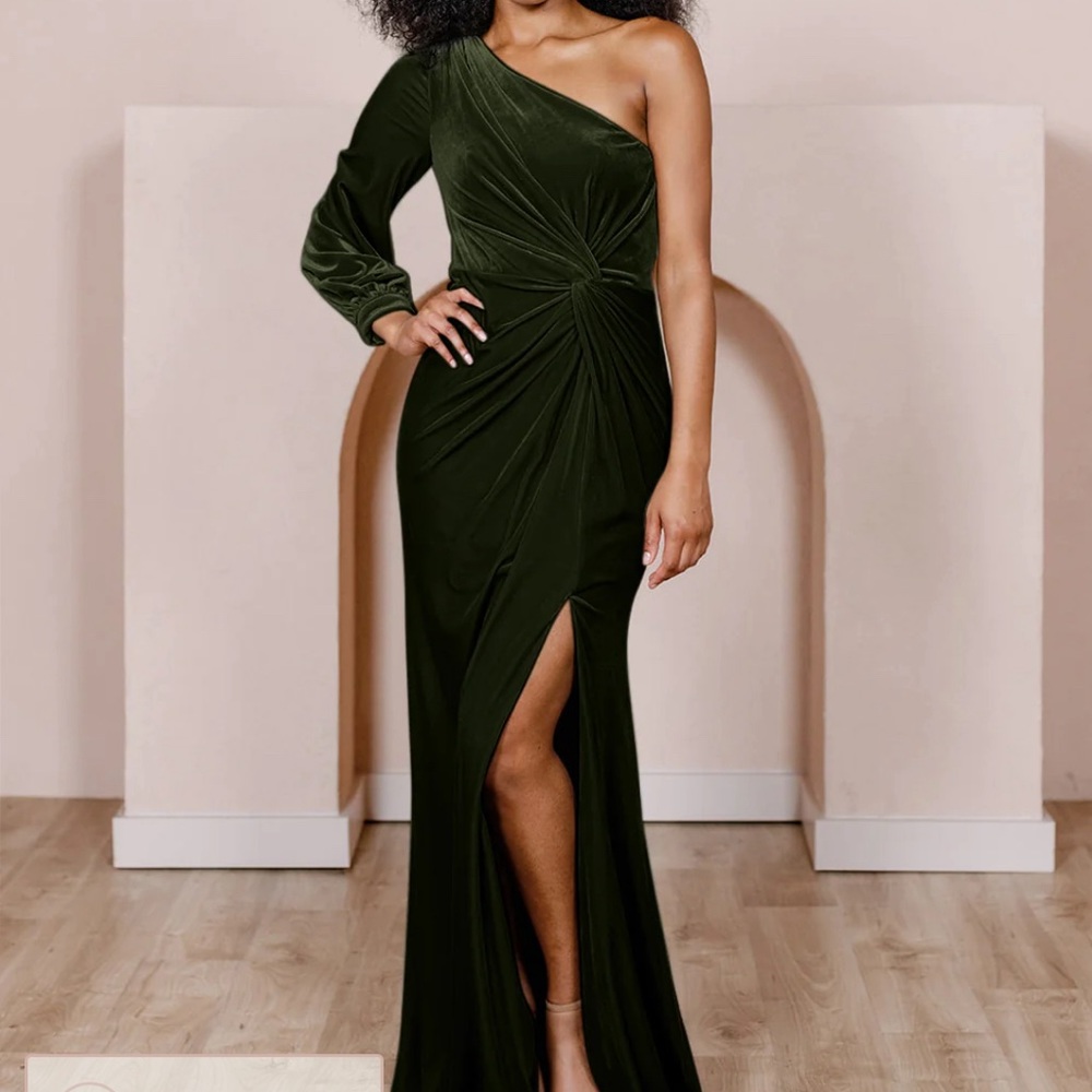 Revelry Aurora Velvet One-Shoulder Olive Green Dress